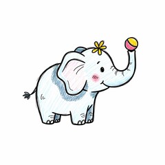 Cute Cartoon Elephant with Yellow Flower and Two-Tone Ball