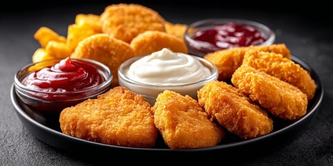 Golden Fried Chicken Nuggets with Assorted Dips for a Flavorful Indulgence on a Platter