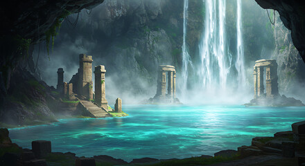 Enchanting Waterfall Sanctuary: Ancient Ruins and Turquoise Waters in a Hidden Cave