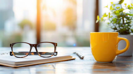 A yellow coffee cup sits on a table next to a pair of glasses and a pen