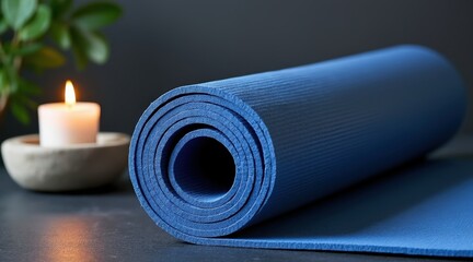 Rolled blue yoga mat with a lit candle in a serene setting