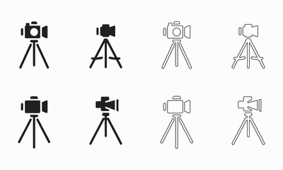 Vector Illustration Set of Cameras on Tripods in Black and White
