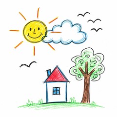 Cartoon Sunny Day with Smiling Sun, House, Tree, and Birds