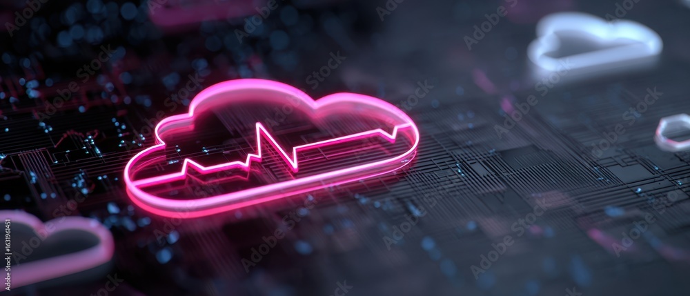 Poster the cloud with a heartbeat symbolizing the intersection of health and technology.