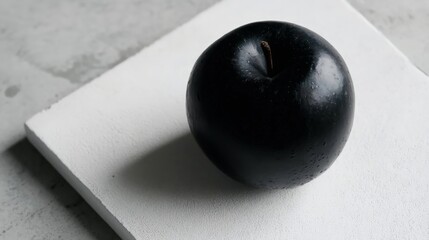A black apple sits on a white surface. The apple is shiny and wet, and it is the only object in the image. The contrast between the black apple and the white surface creates a sense of focus