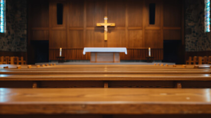 A church with a cross on the altar and wooden pews