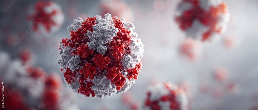 Poster the detailed rendering of a virus with red and gray spikes in close-up.