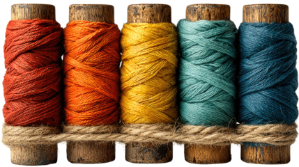 Threads of Colors: A vibrant assortment of threads, meticulously wound onto wooden spools, offers a visual feast of color and texture, symbolizing creativity and craftsmanship.