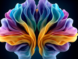 Surreal abstract shape resembling a colorful human brain made of soft flowing translucent layers on dark background
