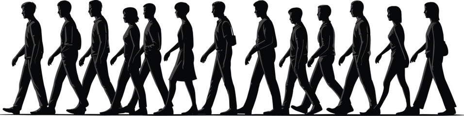 Silhouettes of walking people, group of men and women, street crowd, black vector illustration, isolated human movement concept design