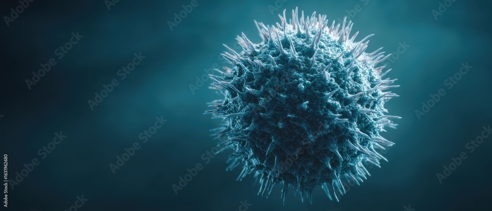 Poster the virus particle showing intricate details in a blue abstract environment.