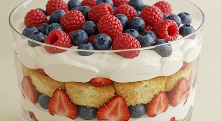 Fruit Trifle Dessert with Red Berries and Blueberries in Glass Bowl