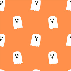 Flying ghost. Halloween seamless pattern. Hand drawn vector design on orange pattern.