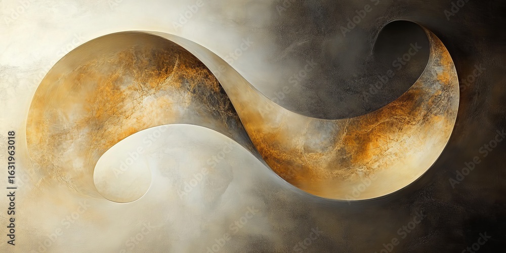 Poster abstract form swirls with a golden gradient creating fluidity and dynamic movement in modern design