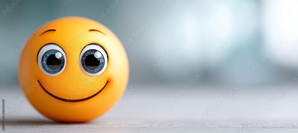 Poster 3d smiling sphere face with oversized captivating eyes set against a light bokeh studio background.