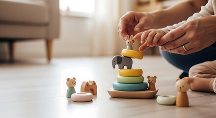 Photo of parent and child playing with a wooden stacking toy on the floor