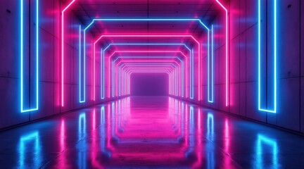 Futuristic neon corridor with pink and blue lights