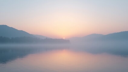 Obraz premium Misty sunrise over the lake with mountains in the background creating a serene and peaceful scene