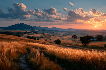 Fototapeta premium Golden hour savanna landscape, sunlit dry grass field and distant mountains, scenic nature background for travel and outdoors