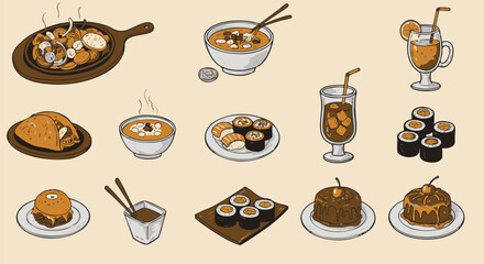Assortment of various food items, including sushi, cake, and soup, presented in a cartoon style.