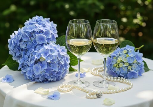 Two glasses of white wine on a white table with blue hydrangea flowers and a pearl necklace for party celebration in the garden of a country house, backyard, patio for banner, poster or card.