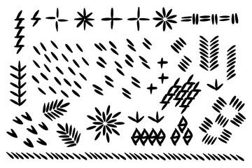 Collection of modern abstract hand drawn brush patterns with shapes or blots on white background. Flower, leaf  shapes vector illustration in flat style for design