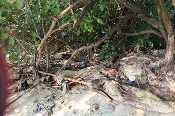 A large accumulation of assorted garbage and natural debris, including plastic items, styrofoam, branches, and a prominent blue plastic ball, is piled on a sandy beach.