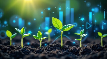 Young plants growing with digital data overlay and sunlight