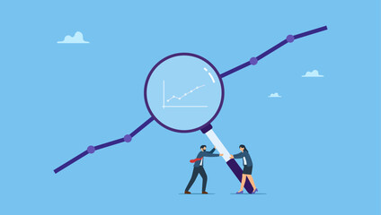 Business people hold magnifying glass analyzing data chart. Data analysis, optimization or marketing analytics for statistics improvement, growth or KPI measurement result, chart or diagram.