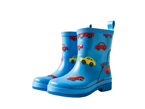 Bright Blue Kids Rain Boots With Fun Car Pattern