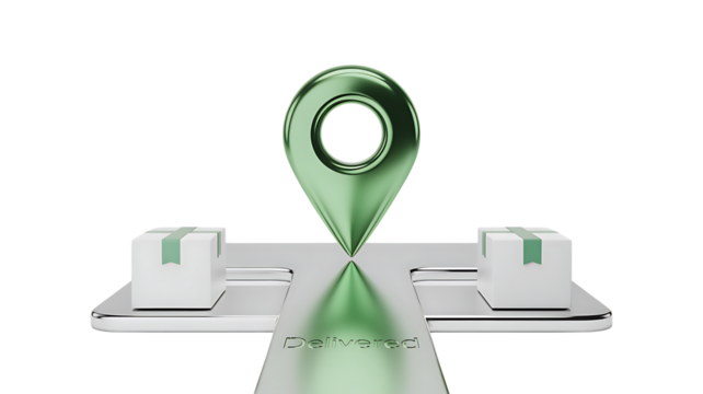 3D green location pin icon with delivery concept on white background