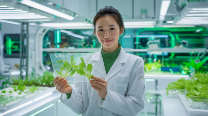 An Asian scientist inspects plants in a high-tech laboratory, focusing on research and innovation.