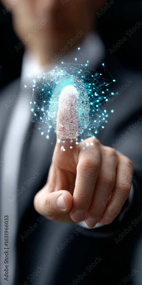Poster man unlocks augmented reality through touching his digital data fingerprint analysis for safety