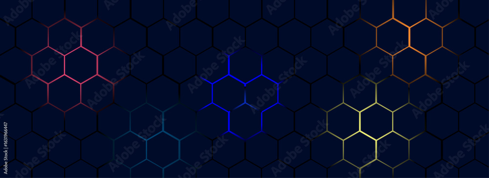 Poster futuristic neon hexagon grid. glowing honeycomb tech background. neon bright honeycomb pattern. digi
