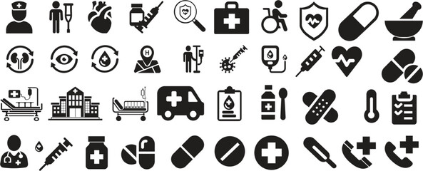 Healthcare and Medical Glyph Icons. Pixel Perfect. For Mobile and Web. Contains such icons as Brain, Nurse, Syringe, Charity, Hospital.Medical and Pharmaceutical Icon Set Vector Healthcare Symbols