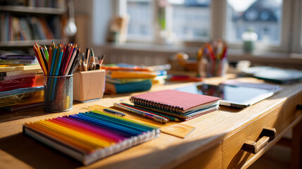 A colorful and inspiring desk setup, perfect for creative endeavors and artistic work.