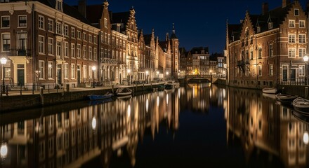 Obraz premium City canal at night with historic architecture and shimmering reflections