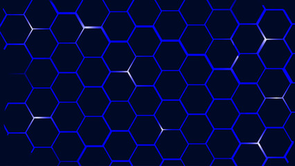 Futuristic Neon Hexagon Grid. Glowing Honeycomb Tech Background. Neon Bright Honeycomb Pattern. Digital Hex Grid on Black Interface. Abstract Sci-Fi Digital Pattern. 