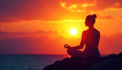 Silhouette of a meditating figure against a vibrant sunset, conveying peace and the pursuit of spiritual goals , enlightenment, fulfillment