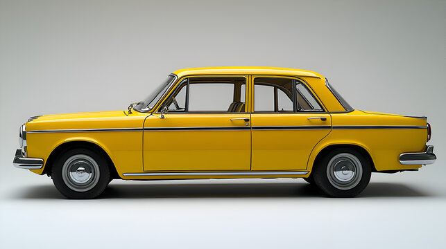 Side view of a bright yellow vintage four-door sedan car isolated on a plain neutral background.
