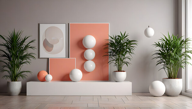 Modern interior with plants, pastel walls, minimalist decor and soft natural light in a cozy setting