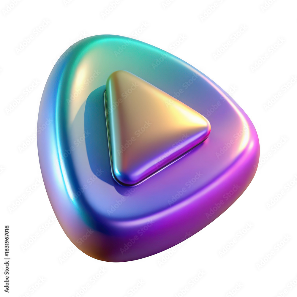 Poster 3d play button icon with iridescent finish isolated on transparent background