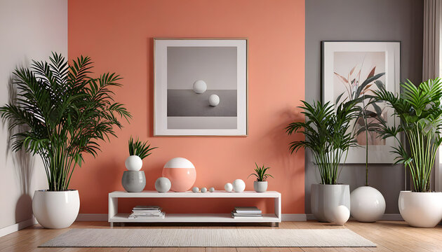 Modern interior with plants, pastel walls, minimalist decor and soft natural light in a cozy setting