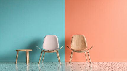 Modern Minimalist Chairs against Colorful Wall in Stylish Interior Design Setting