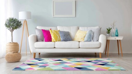 Cozy Living Room with Modern Sofa, Colorful Cushions, Geometric Rug, and Bright Decor in a Stylish Interior Setting