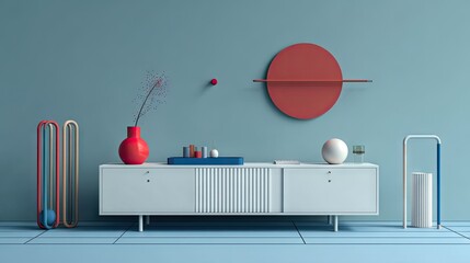 Modern Minimalist Living Room Interior with Geometric Decor and Colorful Accents in Soft Blue Tones