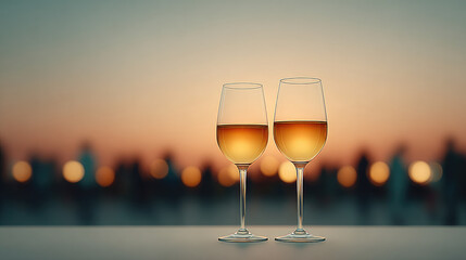 Toast to the evening two glasses of wine against a sunset skyline capturing the essence of relaxation and celebration in a serene urban setting