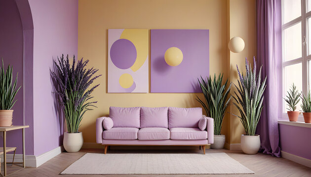 Modern interior with plants, pastel walls, minimalist decor and soft natural light in a cozy setting