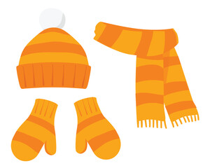 Winter accessories collection. Hat, scarf, and mittens with stripe pattern. Cartoon