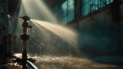 Water Spray from Industrial Pipe with Sunlight Beams and Water Reflection in Abandoned Warehouse